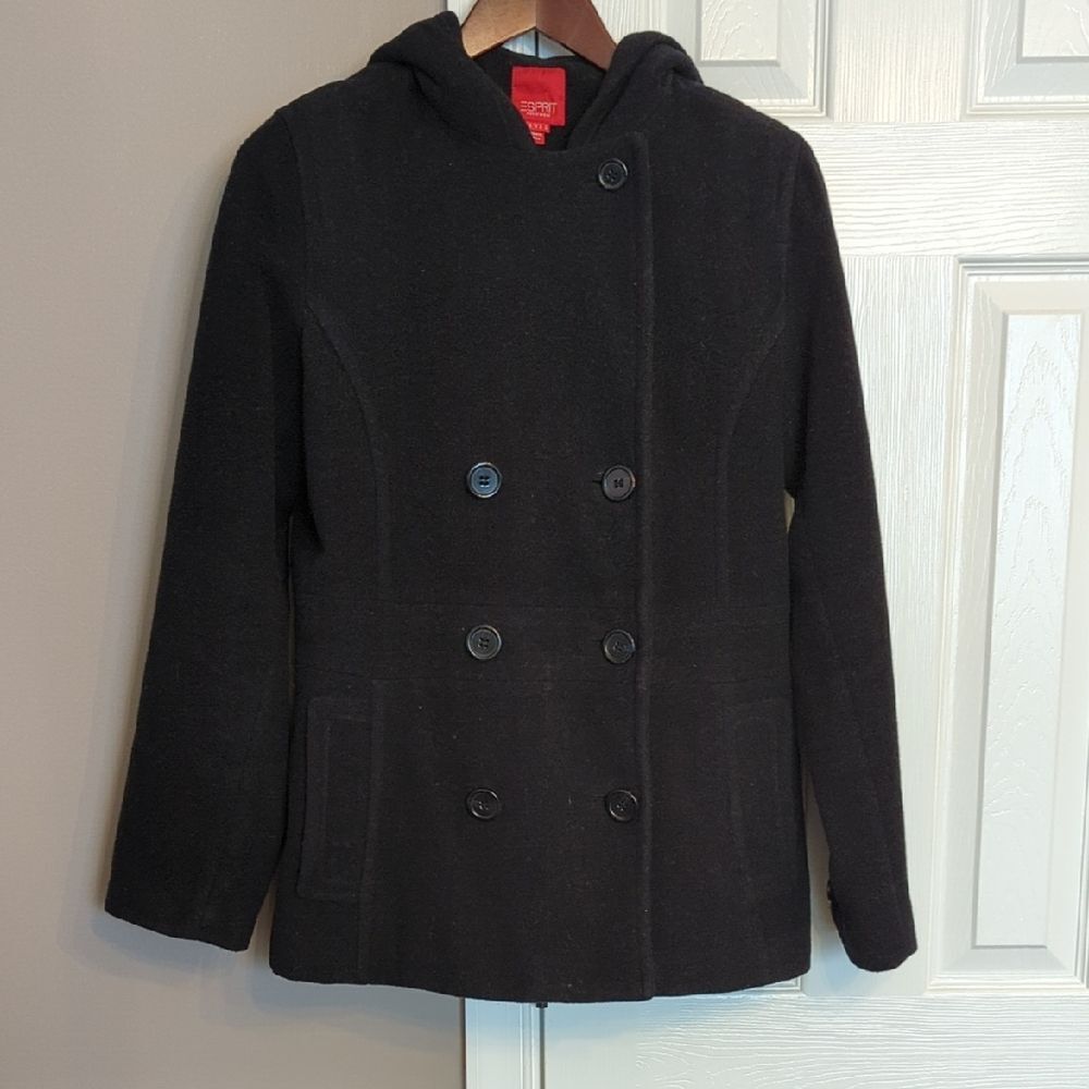 Y2K Women's Small Black/Charcoal Double Breasted Hooded Jacket Wool Peacoat